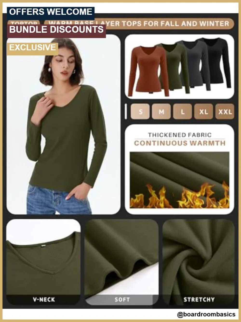 4 Pack Women's Fleece Thermal Long Sleeve V-Neck Tops with Spandex
